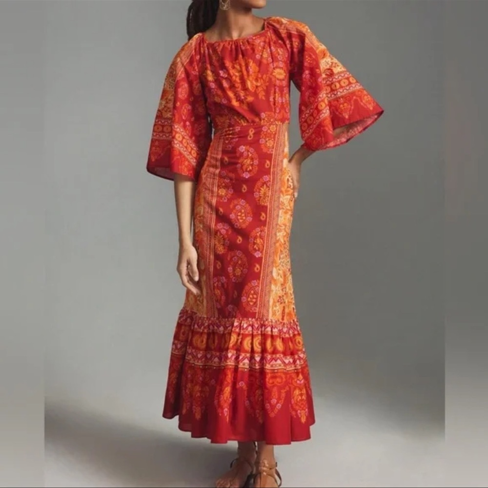 Farm Rio for Anthropologie Printed Cutout Tiered Maxi Dress XS